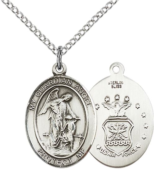 STERLING SILVER GUARDIAN ANGEL PENDANT ON A CHAIN - 3/4" x 1/2"